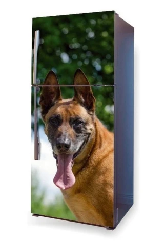Fridge wrap sticker featuring a smiling Malinois dog design.