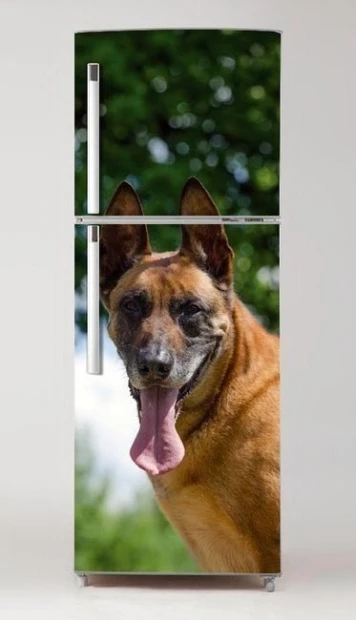 Fridge wrap sticker featuring a smiling Malinois dog design.
