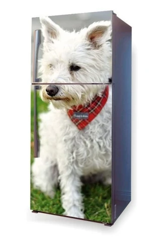 Fridge sticker featuring a dog with white fur and a red scarf, design P23.