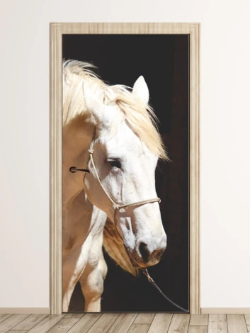 Door wallpaper Horse P106 - Graphic design featuring a white horse with a long mane on a dark background.