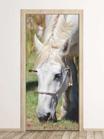 Door mural Horse P116 - Graphic design featuring a white horse grazing on grass.