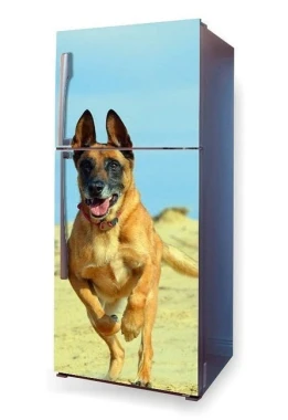 Fridge wrap sticker featuring a running Malinois dog against a sandy and sky backdrop.