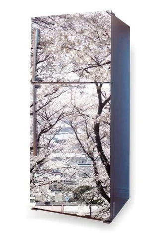 Refrigerator wrap sticker P38 - Graphic design featuring tree branches with flowers on a light background.