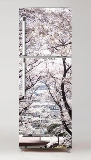 Fridge wrap sticker P38 - Graphic design featuring trees in blooming shades of pink and white.