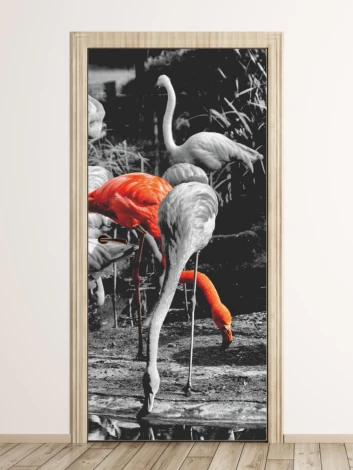 Flamingo door wallpaper P138 - Graphic design featuring flamingos in shades of gray with one accent.