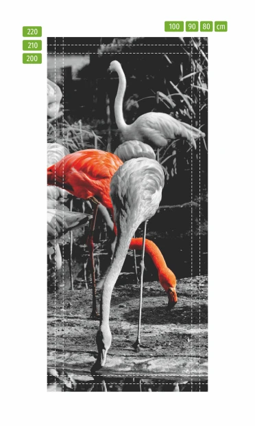 Flamingo door wallpaper P138 - Graphic design with flamingos in various poses, some in gray and white.