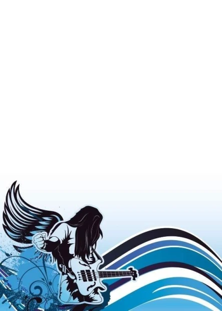 Dry-erase board 149 guitarist - Graphic design featuring a long-haired guitarist, wings, and blue waves.