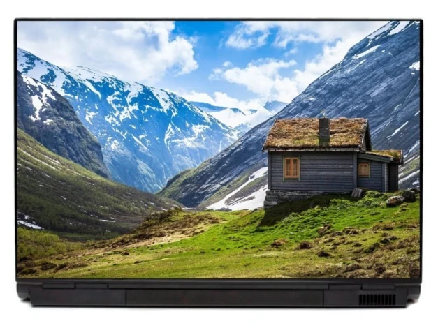 Laptop sticker mountain house P455 - Graphic design featuring a wooden cabin on a green meadow surrounded by mountains.