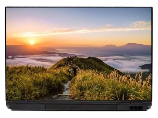 Mountain trail laptop sticker P454 - Graphic design featuring a mountain path with grass, sunset, and fog in the valley.
