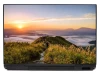 Mountain trail laptop sticker P454 - Graphic design featuring a mountain path with grass, sunset, and fog in the valley.