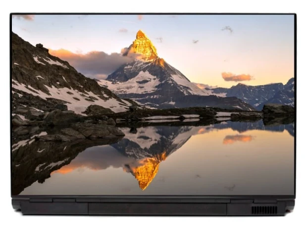 Laptop sticker Peak in the Sun P447 - Graphic design. Mountain reflected in water, warm sunset colors.