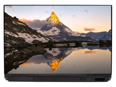 Laptop sticker Peak in the Sun P447 - Graphic design. Mountain reflected in water, warm sunset colors.