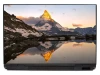 Laptop sticker Peak in the Sun P447 - Graphic design. Mountain reflected in water, warm sunset colors.