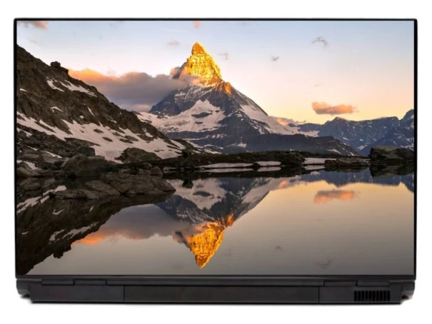 Laptop sticker Peak in the Sun P447 - Graphic design. Mountain reflected in water, warm sunset colors.