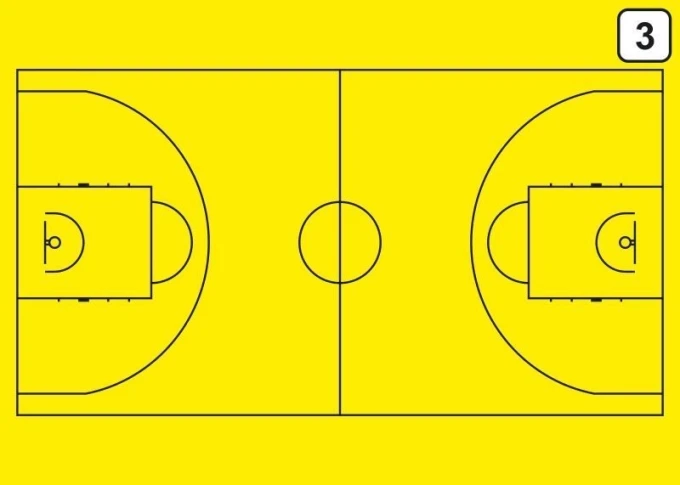 Dry-erase tactical coach board 188 for basketball - Graphic design. Yellow background with black court lines.