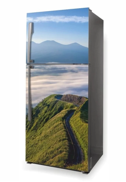Fridge wrap sticker with a mountain road design P481 - Kitchen decor. Light-colored walls, modern furniture.