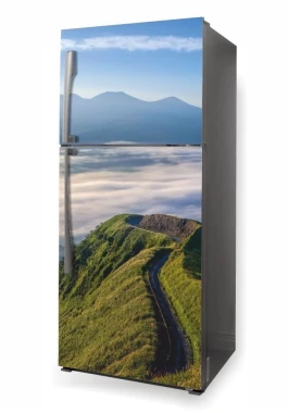 Fridge wrap sticker with a mountain road design P481 - Kitchen decor. Light-colored walls, modern furniture.