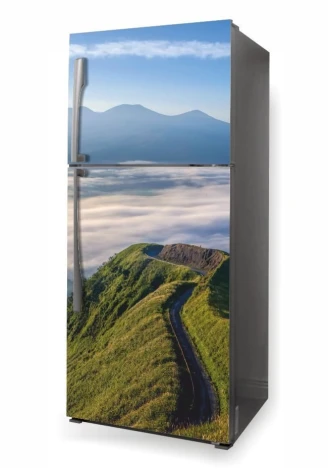 Fridge wrap sticker with a mountain road design P481 - Kitchen decor. Light-colored walls, modern furniture.