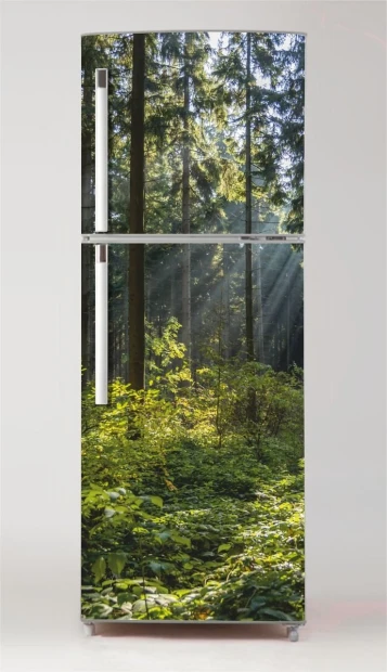 Fridge wrap sticker Forest P471 - Kitchen decor with light-colored walls and wooden accents.