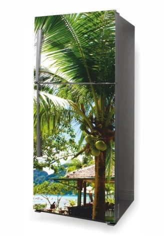 Fridge wrap sticker with coconut palm design featuring leaves and fruits.