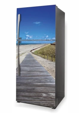Beach path fridge wrap P472 - Kitchen decor with light-colored walls and wooden accents.