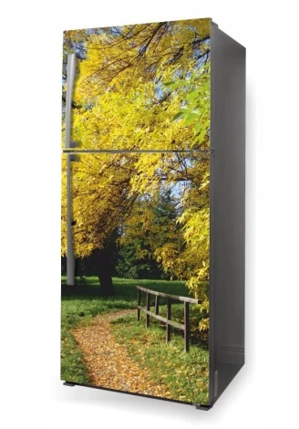 Fridge wrap sticker P485 - Graphic design featuring a path in a park surrounded by yellow leaves.