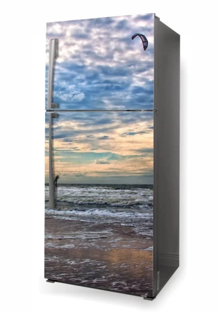 Refrigerator wrap sticker sports P482 - Kitchen decor with light-colored furniture and beige walls.
