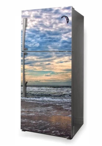 Refrigerator wrap sticker sports P482 - Kitchen decor with light-colored furniture and beige walls.