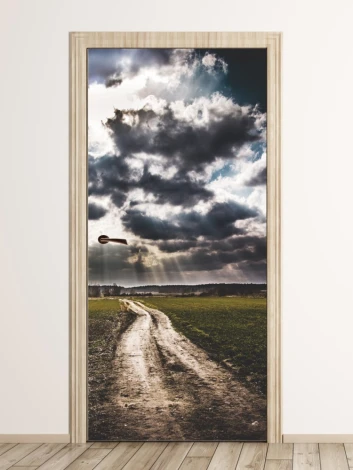 Door wallpaper road P498 - hallway arrangement. Light-colored walls, wooden floor.