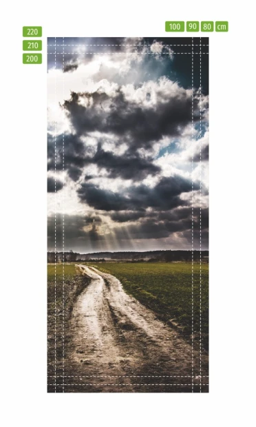 Wallpaper for doors P498 - Graphic design of a road through a green field under a dramatic cloudy sky.