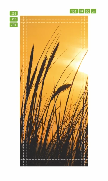 Grass door mural P493 - Graphic design featuring dark grass blades against a sunset backdrop.