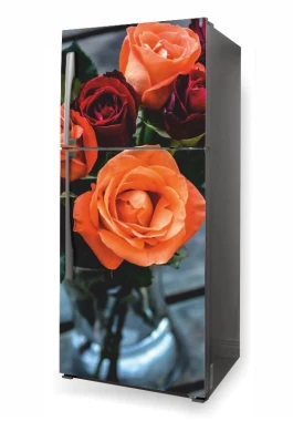 Refrigerator wrap sticker with a bouquet of pink and orange roses in a vase.