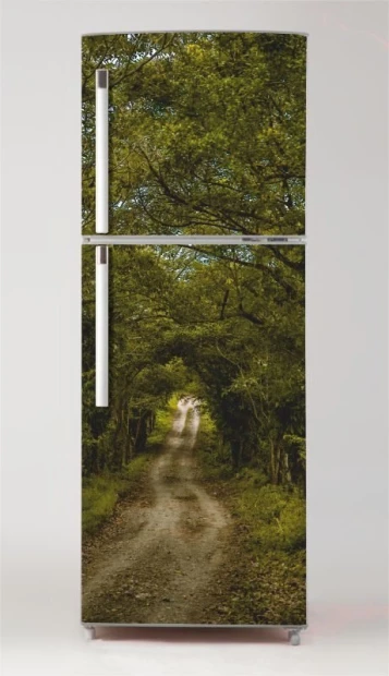 Fridge wrap sticker P489 - Graphic design featuring a forest road surrounded by trees.