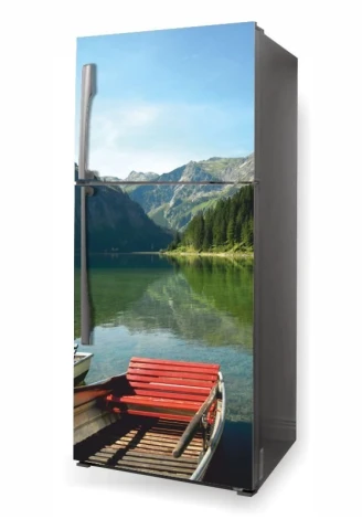 Fridge wrap sticker with a mountain lake design P487 - Kitchen decor with light walls and wooden accents.