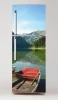Fridge wrap sticker featuring a lake surrounded by mountains and a boat, design P487.