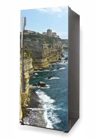 Fridge wrap sticker Cliff P491 - Graphic design featuring a cliff with the sea and a castle in the background.