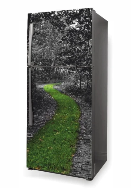 Fridge wrap sticker forest path P488 - Graphic design featuring a path in the woods with green grass.