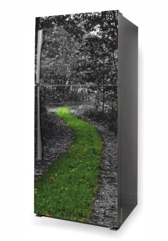Fridge wrap sticker forest path P488 - Graphic design featuring a path in the woods with green grass.