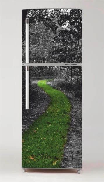Refrigerator wrap sticker forest path P488 - Graphic design. Green path in the forest with black-and-white trees.