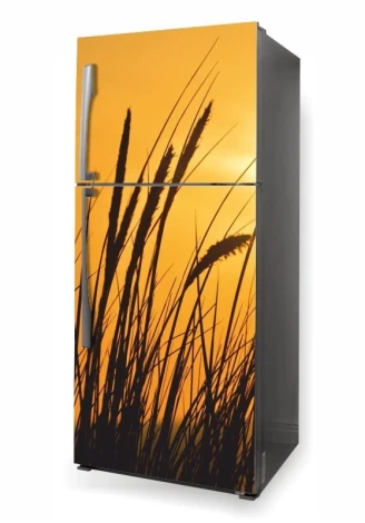Refrigerator wrap sticker P493 - Graphic design featuring dark grass against an orange sky.
