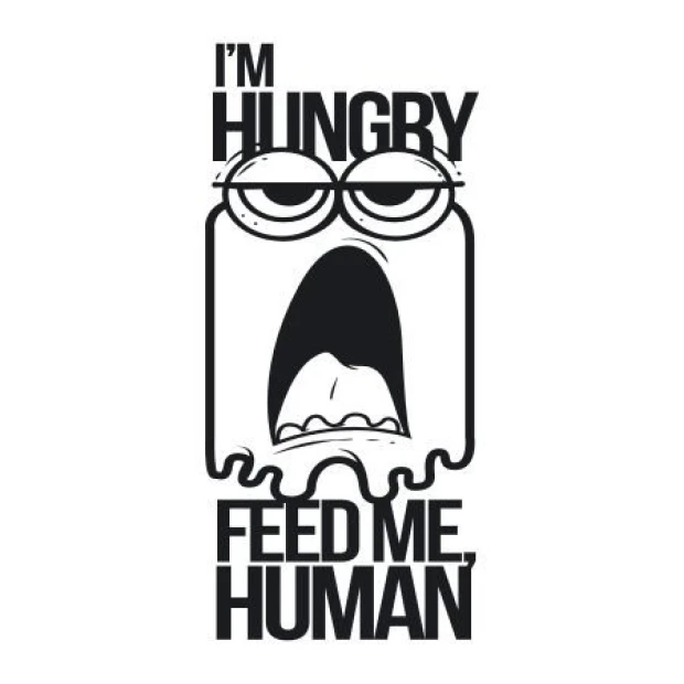 Sticker 03X 01 I am hungry feed me human 1911 - Graphic design featuring a face with big eyes and an open mouth.