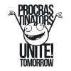Sticker 03X 04 procrastinators unite tomorrow 1912 - Graphic design featuring a smiling character with large...