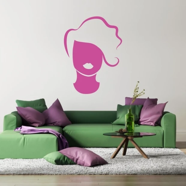 Sticker 03X 08 woman’s face 1905 - Living room decor. Light-colored walls, furniture in shades of green and purple.