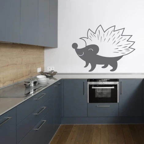 Sticker 03X 14 small hedgehog 1918 - Kitchen decor with gray furniture, light walls, and wooden floor.