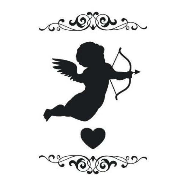 Sticker 03X 15 Cupid 1901 - Graphic design featuring a flying Cupid with a bow, surrounded by ornaments and a heart.