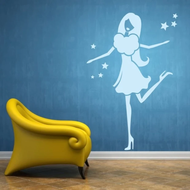 Sticker 03X 15 female silhouette 1904 - Room arrangement. Blue wall, light-colored floor, yellow accents.