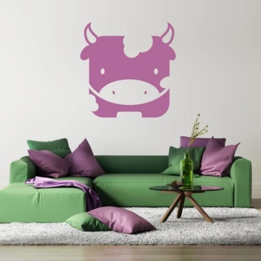 Sticker 03X 16 cow 1925 - Living room setup with light walls and a green sofa with purple pillows.