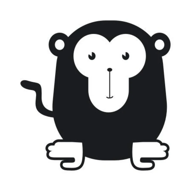 Sticker 03X 16 monkey 1928 - Graphic design. Rounded monkey shape with big eyes and a short tail.