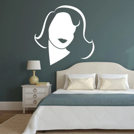 Sticker 03X 16 female face 1908 - Bedroom decor with dark walls and light furniture.