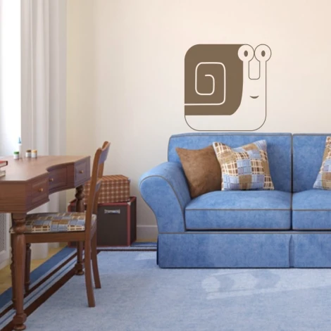 Sticker 03X 16 snail 1919 - Living room setup with light walls, blue sofa, and wooden desk.